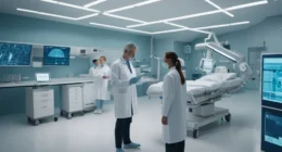 AI in HealthTech — futuristic hospital scene with integrated AI technology