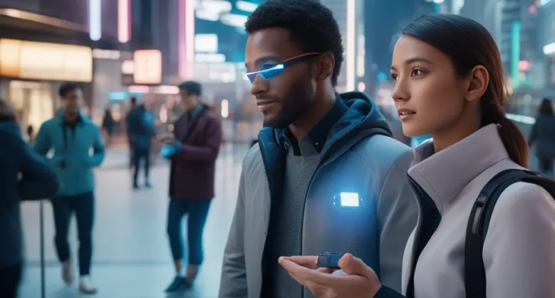 future wearable health tech — advanced health tech gadgets and biometric sensors in a modern city